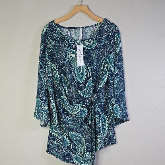 New York Collection Green and Blue Asymmetrical 3/4 Sleeve Tunic Size 2x NwT. - Picture 1 of 8